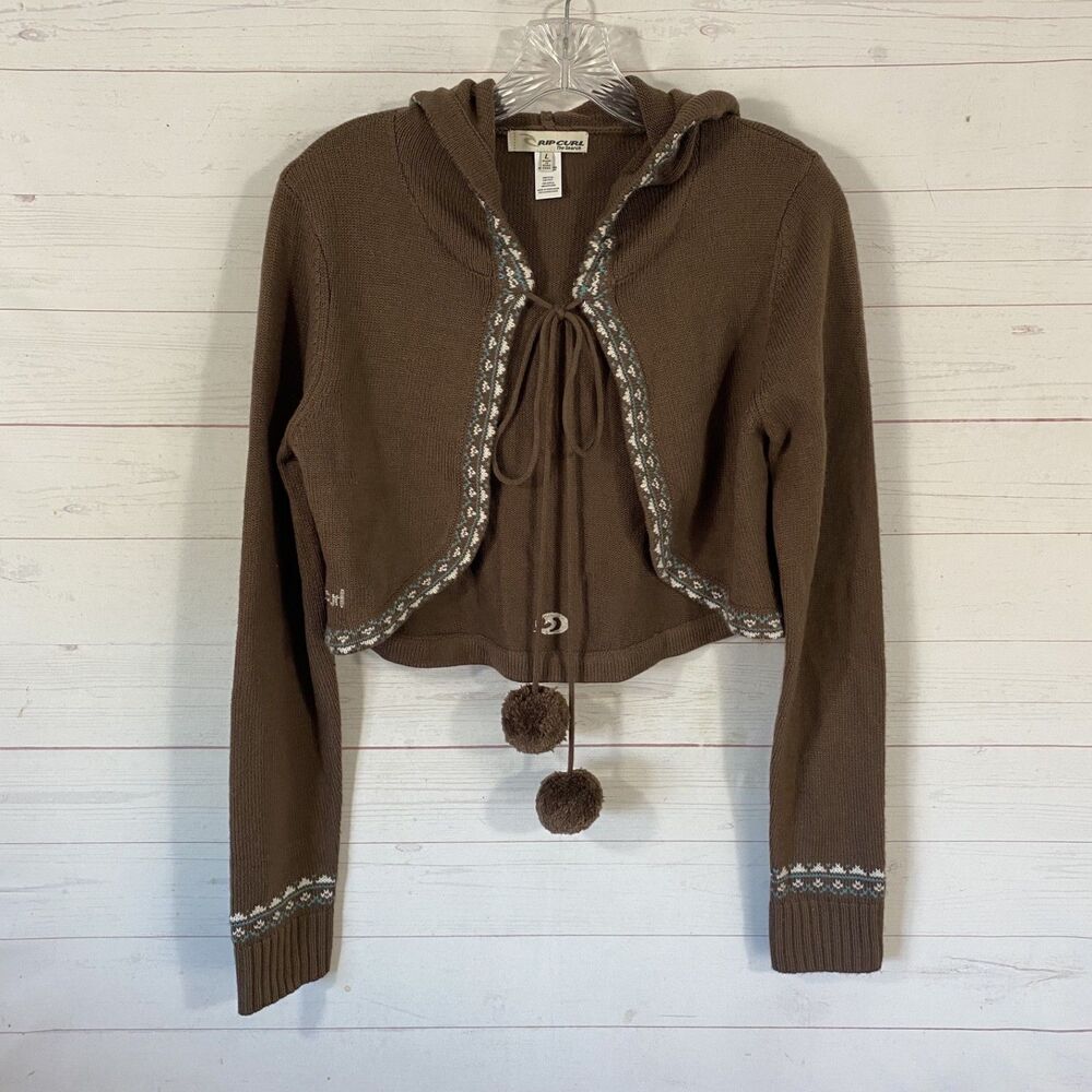 Rip Curl Cropped Hoodie Cardigan Sweater Juniors Large Brown Tie Pom Pom Front